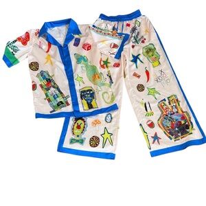 Colorful Patterned Pajama Set with Blue Trim